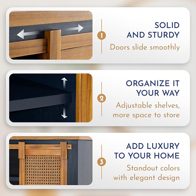 Bme Premium Arvid TV Console Table, Pre-Assembled Entertainment Center for up to 70 inch TV, Solid Wood TV Table with Rattan Sliding Doors, Media Console - LeafyLoom