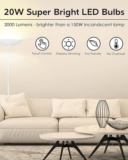 Floor Lamp, 70.5 InchTorchiere Standing Lamp, 20W 2000LM LED Halogen Floor Lamp,Stepless Dimmable, Touch Control, 50000hrs Lifespan, Pale Floor Lamps for Living Room, Standing Lamps for Bedroom, White - LeafyLoom
