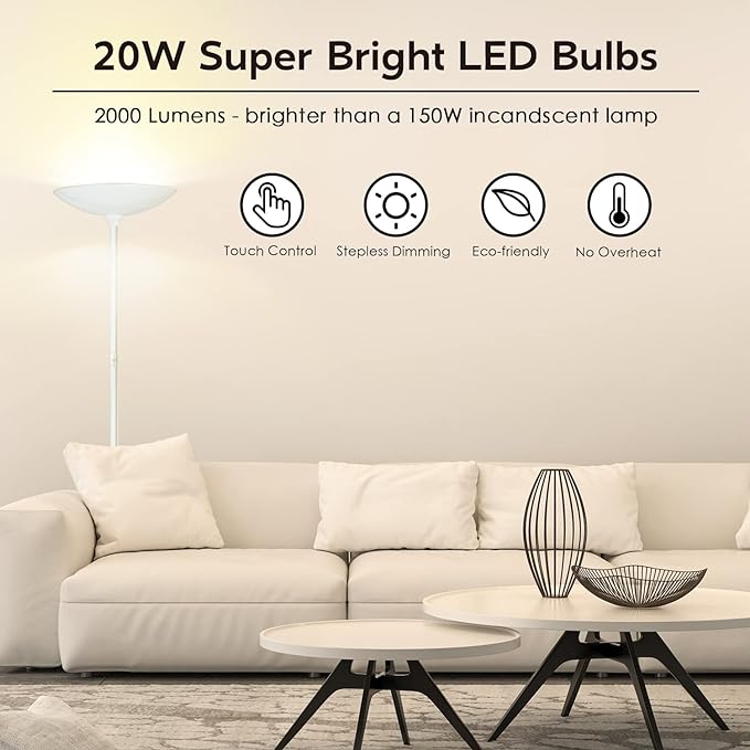 Floor Lamp, 70.5 InchTorchiere Standing Lamp, 20W 2000LM LED Halogen Floor Lamp,Stepless Dimmable, Touch Control, 50000hrs Lifespan, Pale Floor Lamps for Living Room, Standing Lamps for Bedroom, White - LeafyLoom