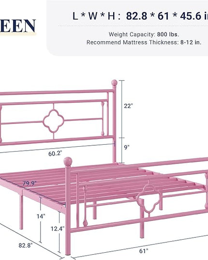 Allewie Queen Size Metal Platform Bed Frame with Victorian Vintage Headboard and Footboard/Mattress Foundation/Under Bed Storage/No Box Spring Needed/Noise-Free/Easy Assembly, Pink - LeafyLoom