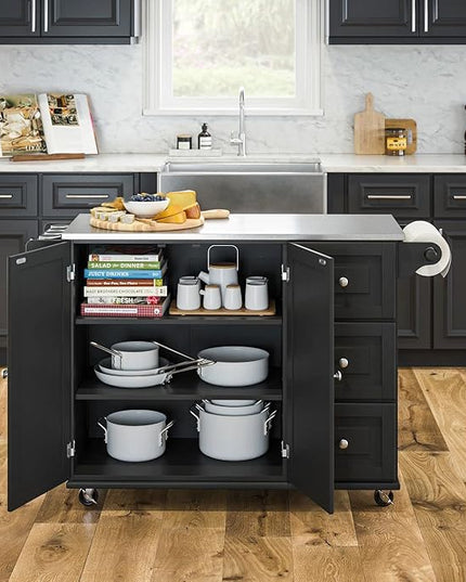 Homestyles Kitchen Cart with Stainless Steel Metal Top, Rolling Mobile Kitchen Island with Storage and Towel Rack, 54 Inch Width, Black - LeafyLoom