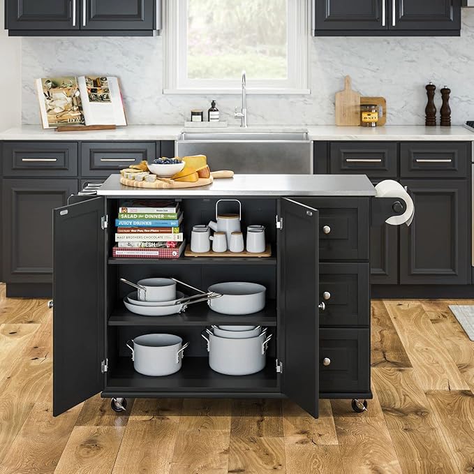Homestyles Kitchen Cart with Stainless Steel Metal Top, Rolling Mobile Kitchen Island with Storage and Towel Rack, 54 Inch Width, Black - LeafyLoom