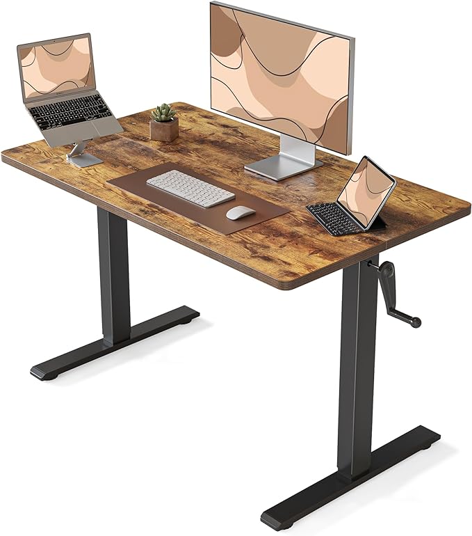 FEZIBO Crank Height Adjustable Desk, 40 Inches Manual Standing Desk, Writing Table with Handle, Home Office Desk with Black Frame/Rustic Brown Top - LeafyLoom