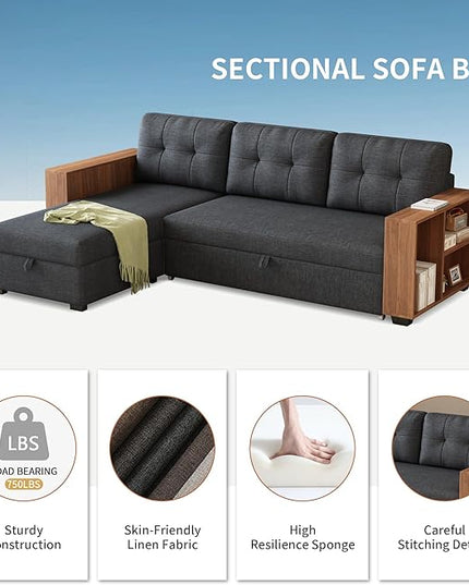 Ball & Cast 84" Sectional Sleeper Sofa Chaise, L Shaped Pull Out Couch Bed,Wooden Storage Handrail,for Apartments, Living Room and Office, Dark Grey - LeafyLoom