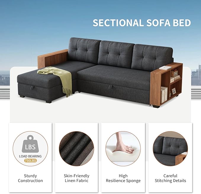 Ball & Cast 84" Sectional Sleeper Sofa Chaise, L Shaped Pull Out Couch Bed,Wooden Storage Handrail,for Apartments, Living Room and Office, Dark Grey - LeafyLoom