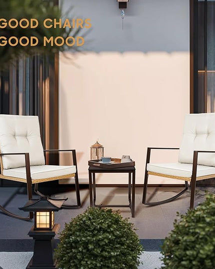 YIYAN 3 Pieces Patio Bistro Set Outdoor Rattan Wicker Rocking Chairs Set,Patio Outdoor Furniture Conversation Sets with Sofa Chairs,Glass Coffee Table and Washable cushion (Light Beige) - LeafyLoom