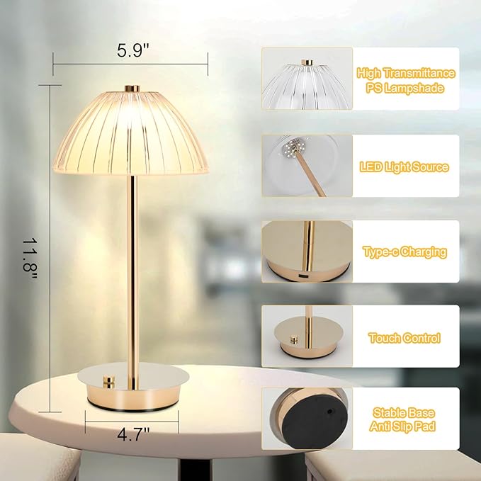 Pumpkin LED Table Bedside Lamp with Touch Sensor, 3 Color Dimmable Cordless Desk Lamp(White/Warm/Natural),USB Rechargeable Night Lamp for Kids Room,Living Room,Bedroom,Study,Office(Gold) - LeafyLoom