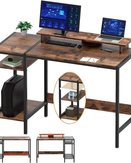 Gaming/Computer Desk - 47” Home Office Small Desk with Monitor Stand, Rustic Writing Desk for 2 Monitors, Adjustable Storage Space, Modern Design Corner Table. - LeafyLoom