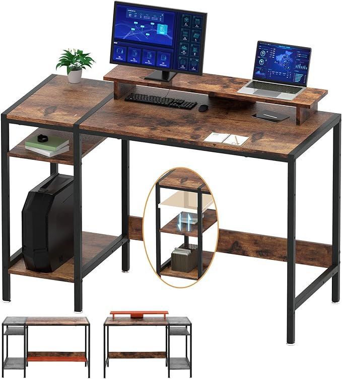 Gaming/Computer Desk - 47” Home Office Small Desk with Monitor Stand, Rustic Writing Desk for 2 Monitors, Adjustable Storage Space, Modern Design Corner Table. - LeafyLoom