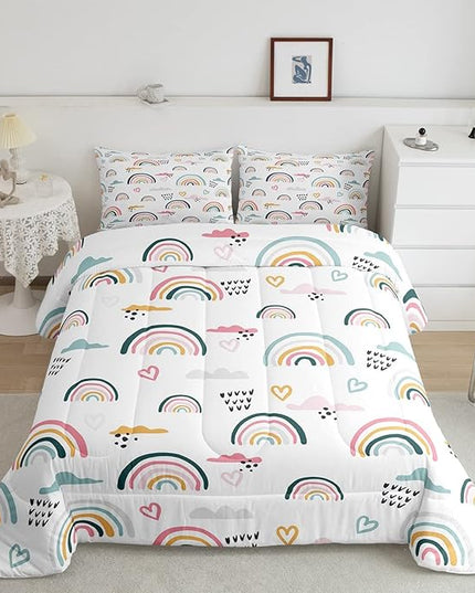 Erosebridal Rainbow Bedding Set for Kids Girls, Pink Love Heart Comforter Set Full Size Cartoon Cloud Geometric Stripes Bedding Comforter for Boys Children Women Watercolor Art Girly Duvet Sets - LeafyLoom