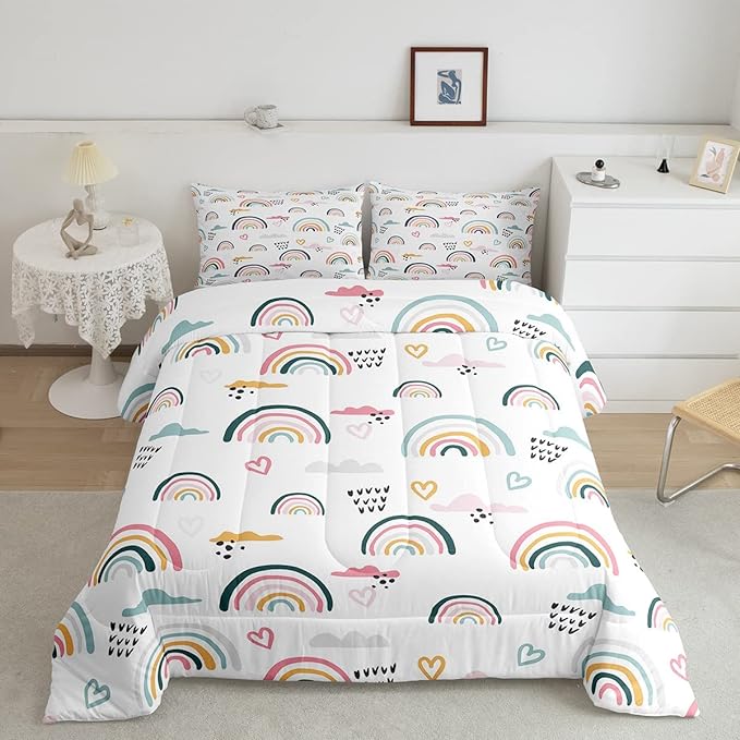 Erosebridal Rainbow Bedding Set for Kids Girls, Pink Love Heart Comforter Set Full Size Cartoon Cloud Geometric Stripes Bedding Comforter for Boys Children Women Watercolor Art Girly Duvet Sets - LeafyLoom