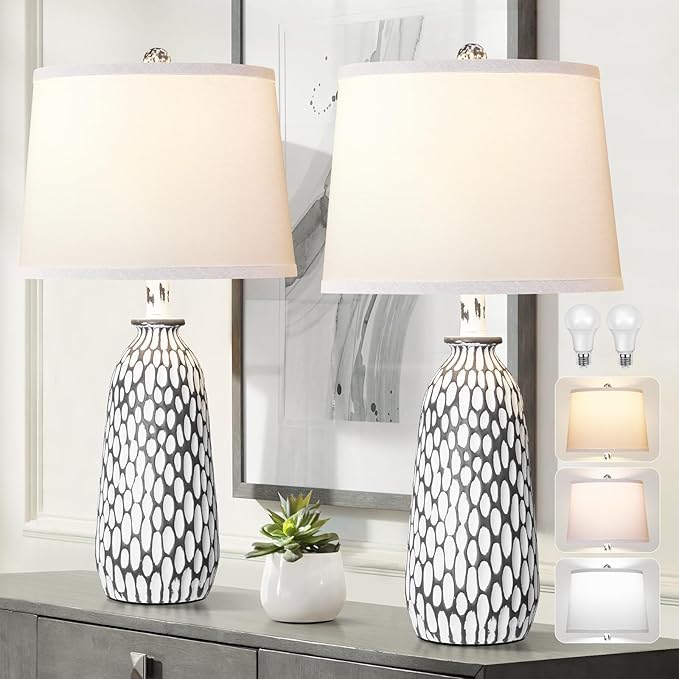 QiMH Modern Coastal Table Lamps for Bedroom Set of 2, Bedside Lamp with White Shade, Gray White Resin Nightstand Lamp for Living Room Home Lighting Decor,3-Color Temperature LED Bulbs Included - LeafyLoom