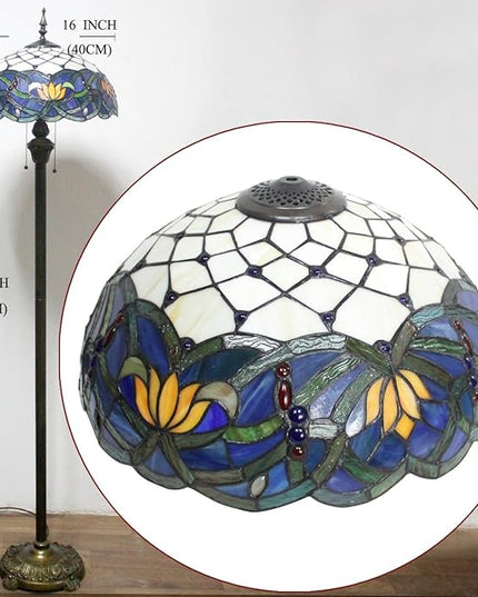WERFACTORY Tiffany Floor Lamp Blue Lotus Stained Glass Flower Standing Reading Light 16X16X64 Inches Antique Pole Corner Lamp Decor Bedroom Living Room Home Office S220 Series - LeafyLoom