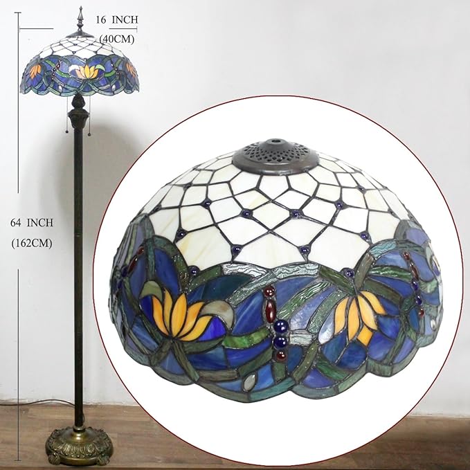 WERFACTORY Tiffany Floor Lamp Blue Lotus Stained Glass Flower Standing Reading Light 16X16X64 Inches Antique Pole Corner Lamp Decor Bedroom Living Room Home Office S220 Series - LeafyLoom
