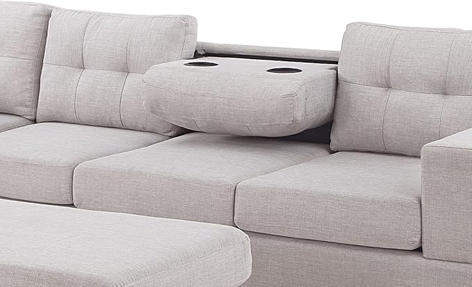 LOVMOR Living Room Reversible Sectional Sofa with Dropdown Armrest, Cupholder, Ottoman and Storage Chaise, Linen Couch for Home Furniture, Apartment, Dorm, Light Gray, 106 Inch - LeafyLoom