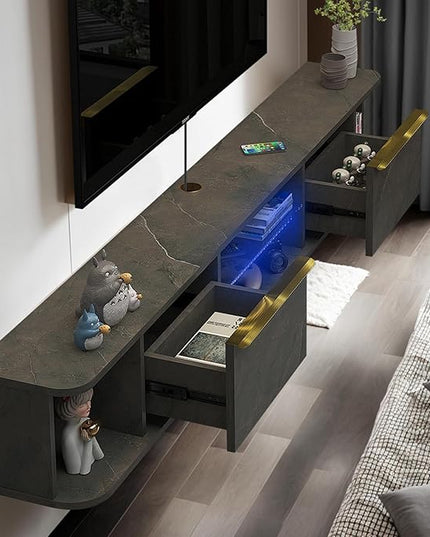 Pmnianhua LED Floating TV Stand with 2 Drawers for 75 inch TV,70'' Floating TV Console with LED Lights,Floating Entertainment Shelf with Storage for Bedroom Playroom Living Room(Dark Grey) - LeafyLoom