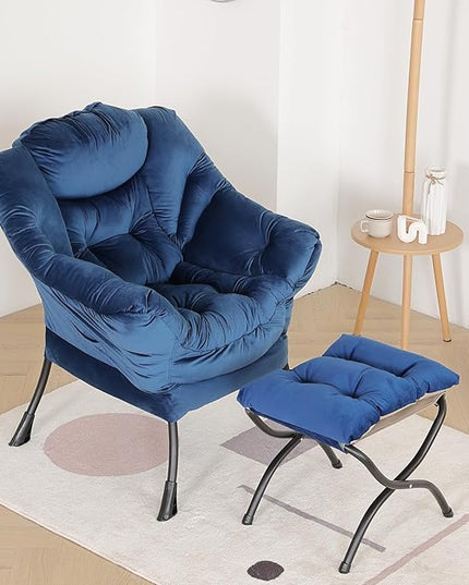 LITA Lazy Chair with Ottoman, Modern Accent Leisure Upholstered Sofa Chair, Contemporary Lounge Reading Chair with Armrests and a Side Pocket for Living Room, Bedroom & Small Space, Royal Blue - LeafyLoom