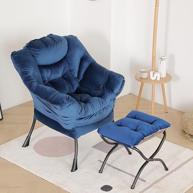 LITA Lazy Chair with Ottoman, Modern Accent Leisure Upholstered Sofa Chair, Contemporary Lounge Reading Chair with Armrests and a Side Pocket for Living Room, Bedroom & Small Space, Royal Blue - LeafyLoom