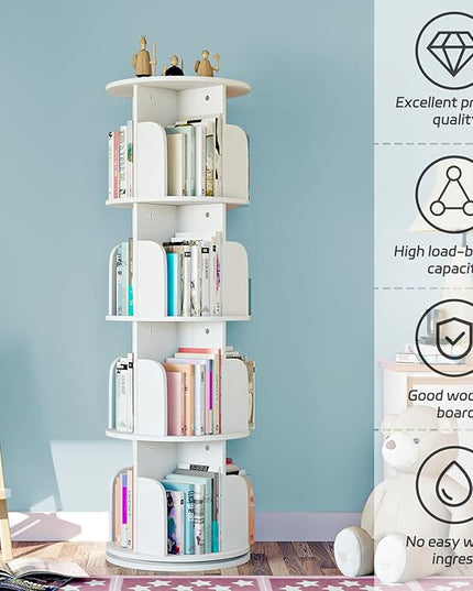 EasyCom 4 Tier Rotating Display Bookshelf Organizer Floor Standing Bookcase Storage Rack- Display Round Bookshelf Swivel Corner Book Shelf- Tall Bookcase for Home Study Office, White - LeafyLoom
