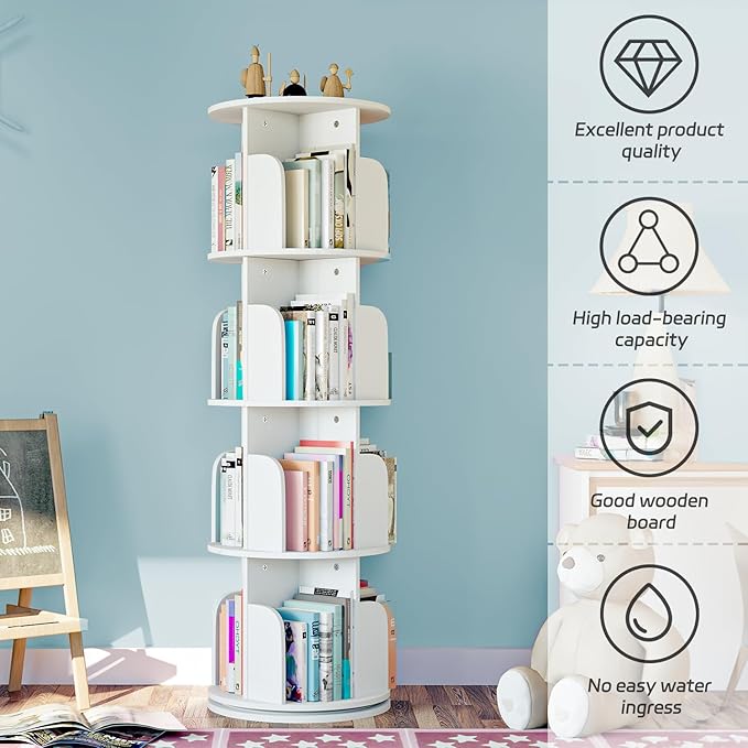 EasyCom 4 Tier Rotating Display Bookshelf Organizer Floor Standing Bookcase Storage Rack- Display Round Bookshelf Swivel Corner Book Shelf- Tall Bookcase for Home Study Office, White - LeafyLoom