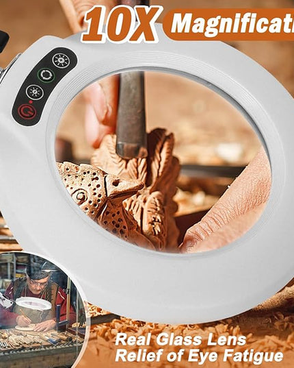 Veemagni 10X Magnifying Glass with Light, 5 Color Modes Stepless Dimmable 2-in-1 Desk Lamp and Clamp, LED Lighted Magnifier with Light and Stand, Hands Free for Craft Hobby Painting Close Work - White - LeafyLoom