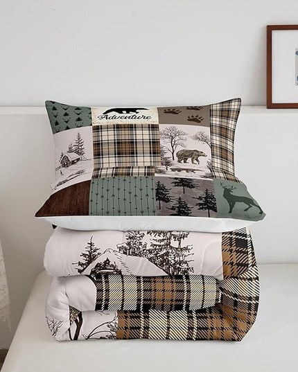Rustic Farmhouse Kids Comforter Set Full Size,Deer Antlers Bear Paws Plaids Patchwork Bedding Set for Boys Girls Adults Room Decor,Pine Trees Arrows Down Comforter,Xmas Duvet Insert,2 Pillowcases - LeafyLoom