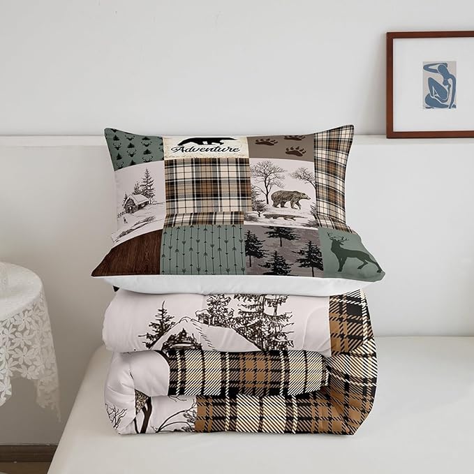 Rustic Farmhouse Kids Comforter Set Full Size,Deer Antlers Bear Paws Plaids Patchwork Bedding Set for Boys Girls Adults Room Decor,Pine Trees Arrows Down Comforter,Xmas Duvet Insert,2 Pillowcases - LeafyLoom