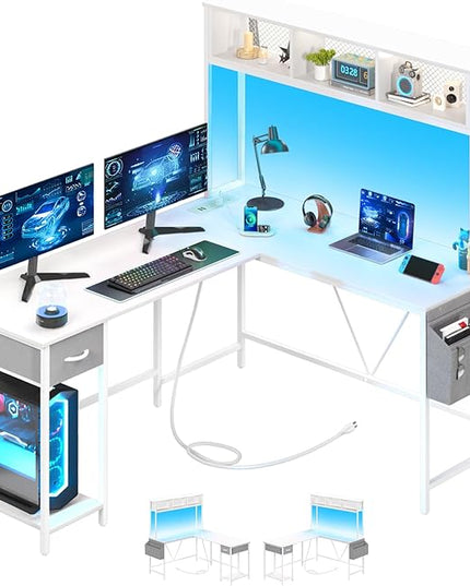 Yoobure L Shaped Desk Gaming Desk with LED Strip & Power Outlet, Reversible L-Shaped Computer Desk with Storage Shelf & Drawer, Corner Desk with Storage Bag, 2 Person Home Office Desk, White - LeafyLoom
