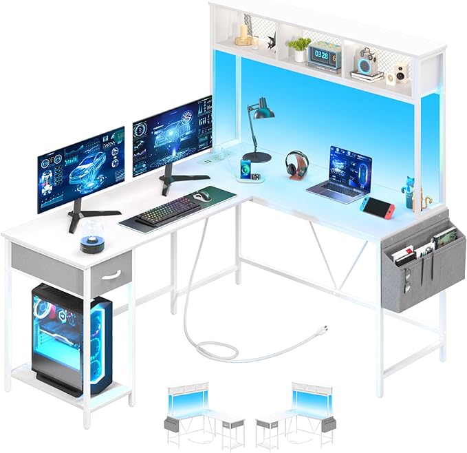 Yoobure L Shaped Desk Gaming Desk with LED Strip & Power Outlet, Reversible L-Shaped Computer Desk with Storage Shelf & Drawer, Corner Desk with Storage Bag, 2 Person Home Office Desk, White - LeafyLoom