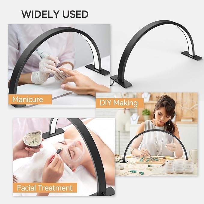 22inch Half Moon Light Nail Lamp for Desk, LED Nail Tech Lamp Lash Light for Professionals, Dimmable Lamp with Touch Controller, Color Temperature 3000K-6000K (Black) - LeafyLoom