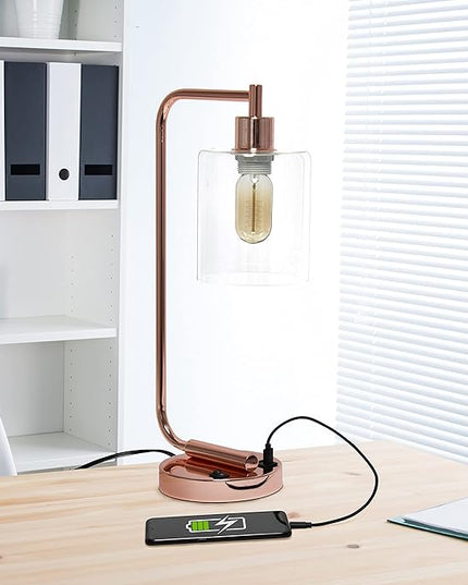 Simple Designs LD1066-RGD-LB Industrial Vintage Bronson Iron Lantern Desk Table Lamp with USB Port and Glass Cylinder Shade for Office, Living Room, Bedroom, Rose Gold, with Feit LED Bulb Included - LeafyLoom