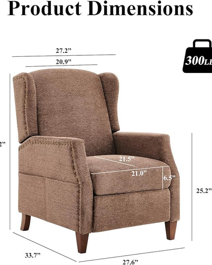 COLAMY Wingback Pushback Recliner Storage Pocket Upholstered Fabric Living Room Chair Armchair, with Wood Legs and Nailhead Trim, Light Brown - LeafyLoom