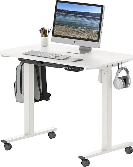 SHW Small Electric Height Adjustable Mobile Sit Stand Desk with Drawer, Hanging Hooks and Cable Management, 40 x 24 Inches, White - LeafyLoom