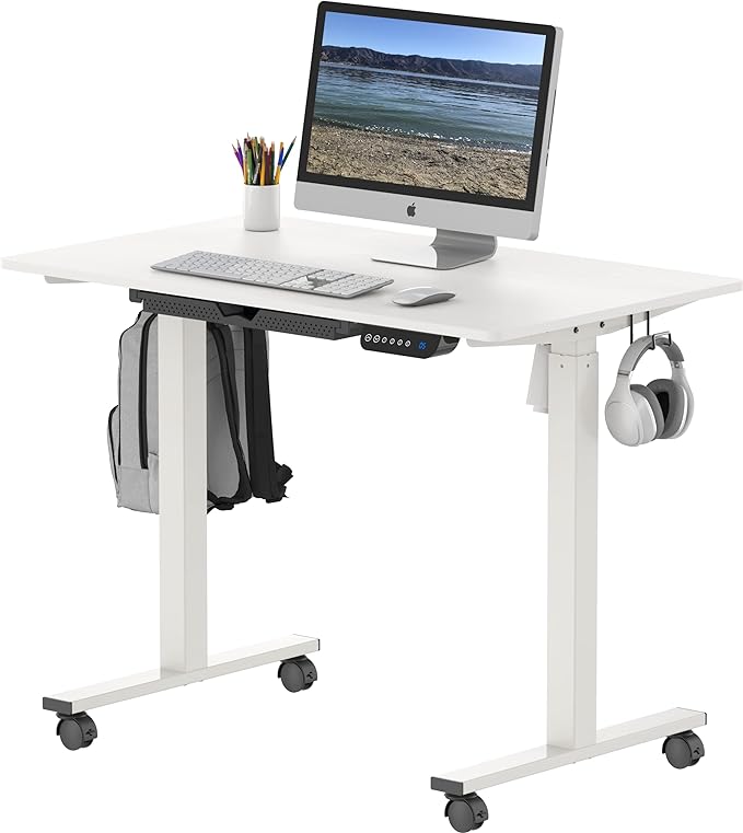 SHW Small Electric Height Adjustable Mobile Sit Stand Desk with Drawer, Hanging Hooks and Cable Management, 40 x 24 Inches, White - LeafyLoom