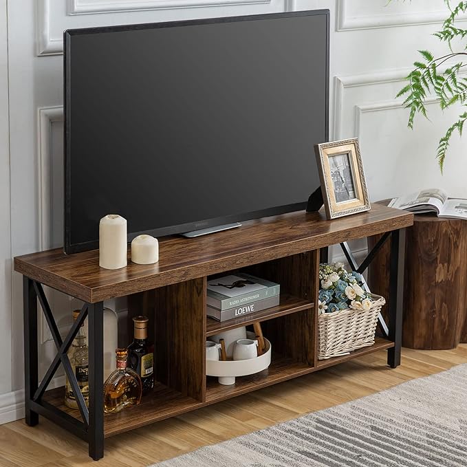 GAZHOME TV Stand for TV up to 55 Inches, TV Cabinet with Open Storage, TV Console Unit with Shelving for Living Room, Entertainment Room, Rustic Brown - LeafyLoom