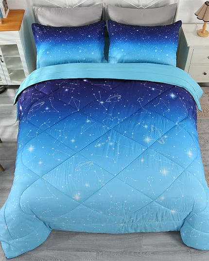 Wowelife Glitter Bedding Set Full Size 5 Pieces Galaxy Comforter Set Blue 3D Galaxy Kids Comforter Sets Lightweight with Comforter, Flat Sheet, Fitted Sheet and 2 Pillowcases - LeafyLoom