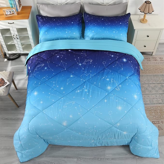 Wowelife Glitter Bedding Set Full Size 5 Pieces Galaxy Comforter Set Blue 3D Galaxy Kids Comforter Sets Lightweight with Comforter, Flat Sheet, Fitted Sheet and 2 Pillowcases - LeafyLoom
