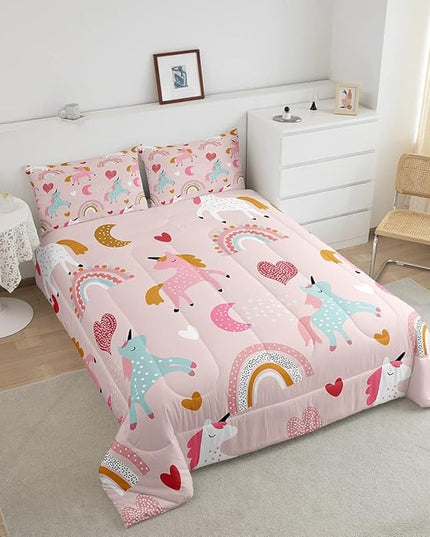 Feelyou Girls Unicorn Comforter Set Full Size Kids Cute Pink Rainbow Horse Decor Comforter for Unicorn Lover Daughter Bedding Set Boho Star Moon Duvet Set (1 Comforter + 2 Pillowcases, Full) - LeafyLoom