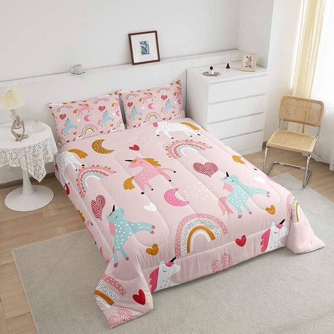 Feelyou Unicorn Comforter Set Kids Cute Cartoon Unicorns Decor Comforter for Girls Pink Bedding Set Rainbow Duvet Set Twin Size Quilt Boys - LeafyLoom
