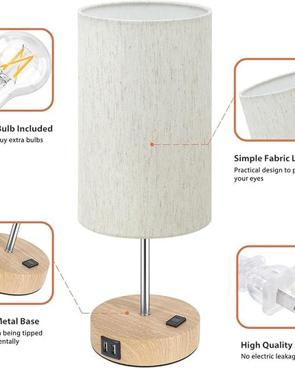 Table Lamps Set of 2 Touch Control, 2 USB Charging Ports&AC Outlet, 3-Way Dimmable Bedside Nightstand Lamp with Flaxen Fabric Shade and Wooden Base for Bedroom, 2-Pack A19 LED Bulbs Included - LeafyLoom