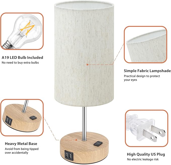 Table Lamps Set of 2 Touch Control, 2 USB Charging Ports&AC Outlet, 3-Way Dimmable Bedside Nightstand Lamp with Flaxen Fabric Shade and Wooden Base for Bedroom, 2-Pack A19 LED Bulbs Included - LeafyLoom