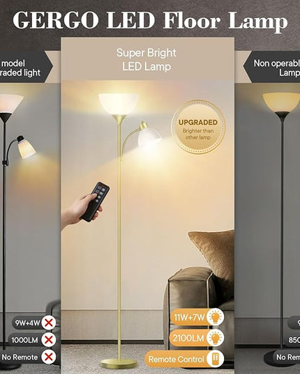 Led Floor Lamp, Super Bright 11W+7W 2100LM Torchiere Floor Lamps for Living Room, Stepless Adjustable 4 Color Temperatures 3000K-6000K with Remote Control for Bedroom(Golden) - LeafyLoom