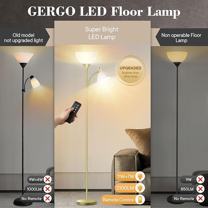 Led Floor Lamp, Super Bright 11W+7W 2100LM Torchiere Floor Lamps for Living Room, Stepless Adjustable 4 Color Temperatures 3000K-6000K with Remote Control for Bedroom(Golden) - LeafyLoom