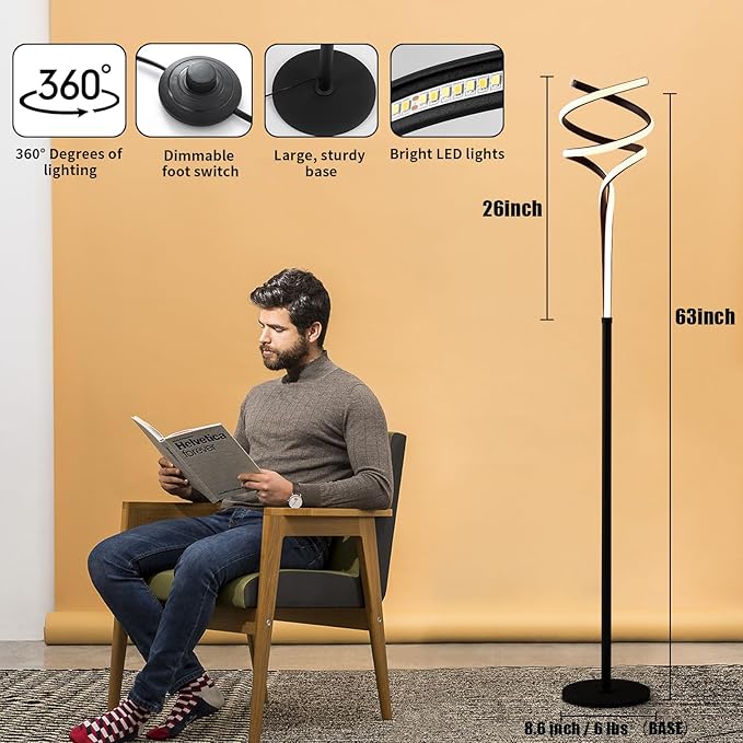 Floor Lamp,LED Modern Floor Lamps for Living Room,2500LM/40W-3-Color/Endless Dimmable Remote Control Standing Lamp,63" Black Floor Lamp for Living Room Bedroom Office. - LeafyLoom