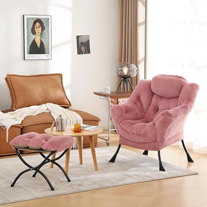Cozy Lazy Chair and Ottoman, Large Contemporary Accent Lounge Chair Set, Leisure Upholstered Reading Armchair for Bedroom, Living Room, Dorm Rooms, Office - LeafyLoom