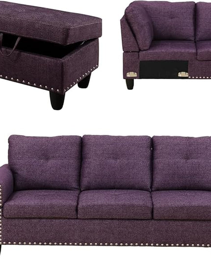 L Shaped Sofa with Ottoman Modern Sectional Living Room, Bedroom, Office, L Couch Purple - LeafyLoom