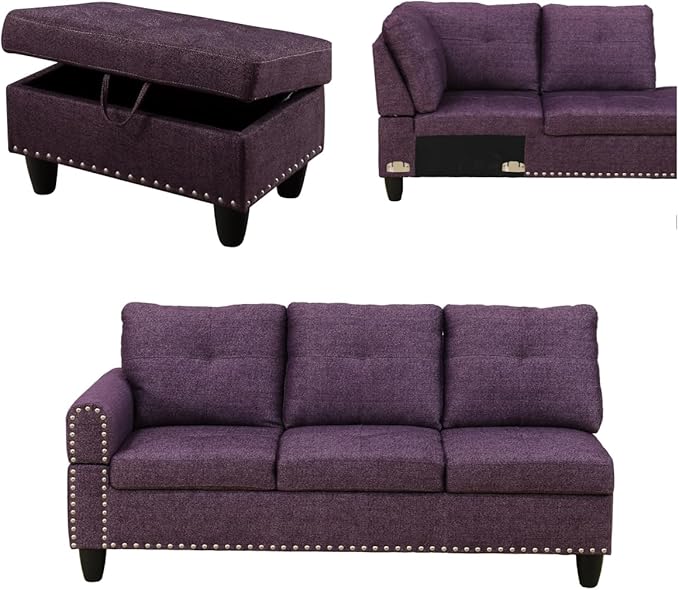 L Shaped Sofa with Ottoman Modern Sectional Living Room, Bedroom, Office, L Couch Purple - LeafyLoom