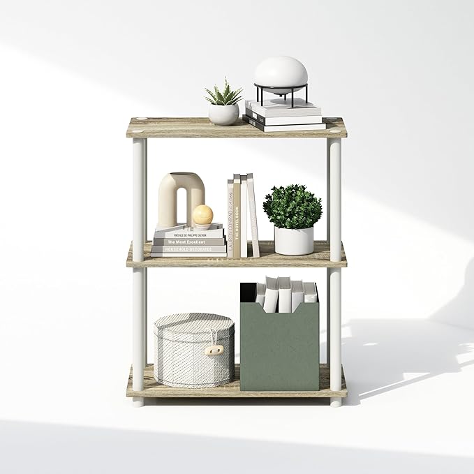 Furinno Turn-N-Tube 3-Tier Multipurpose Compact Display Rack, Shelving Unit, Bookcase, Sonoma Oak/White - LeafyLoom