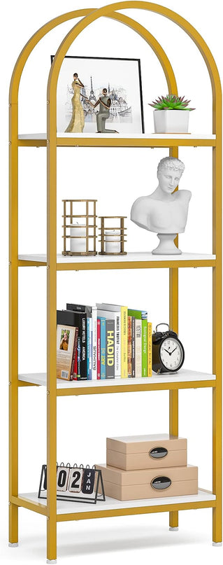 Tribesigns 4-Tier Open Bookshelf, 70.8" Modern Wood Bookcase Storage Shelves with Metal Frame, Freestanding Display Rack Tall Shelving Unit for Office, Bedroom, Living Room (White & Gold, 1PC) - LeafyLoom