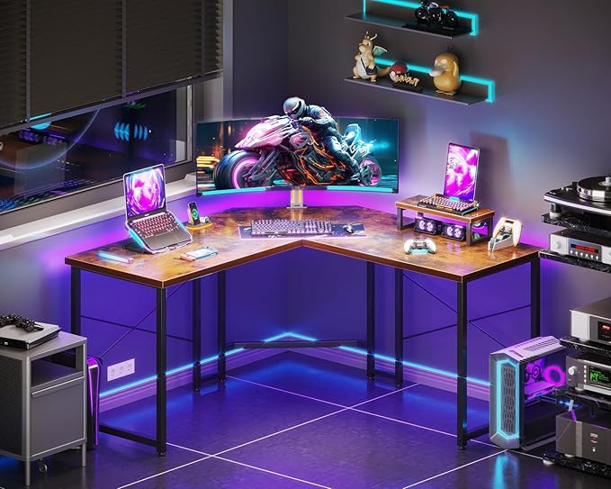 Casaottima L Shaped Gaming Desk with Monitor Stand, Corner Desk Gaming Table for Home Office, Computer Desk Sturdy Writing Workstation for Small Space, 51 inch, Rustic Brown - LeafyLoom